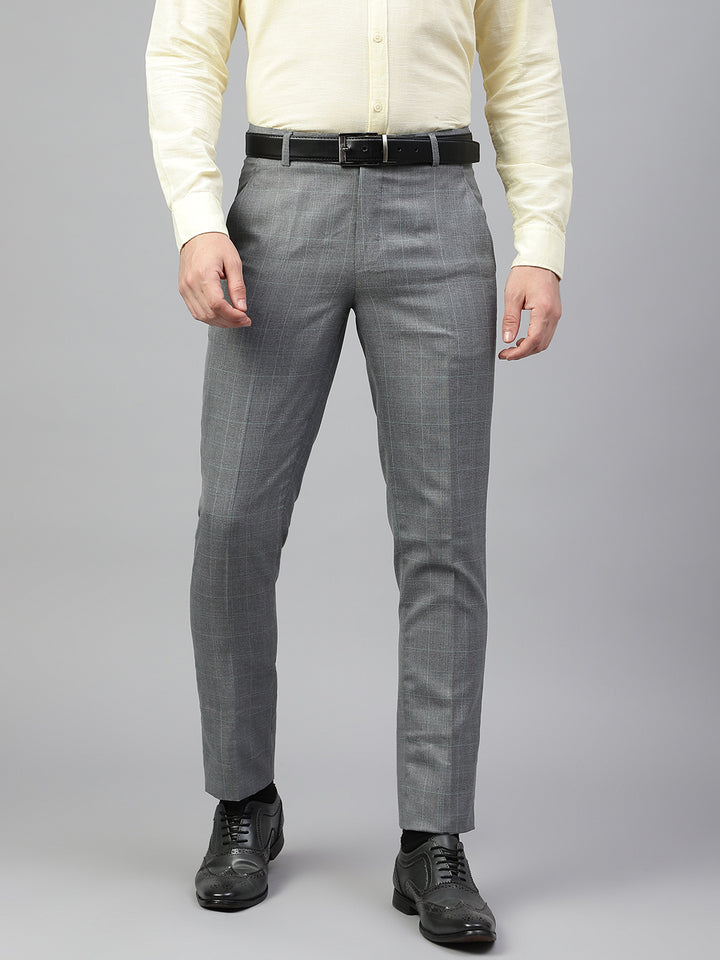 Men Grey Regular Fit Checkered Mid Rise Formal Trouser