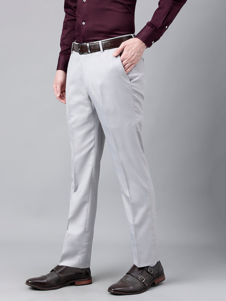 Men Light Grey Standard Fit Mid Rise Solid Formal Trouser