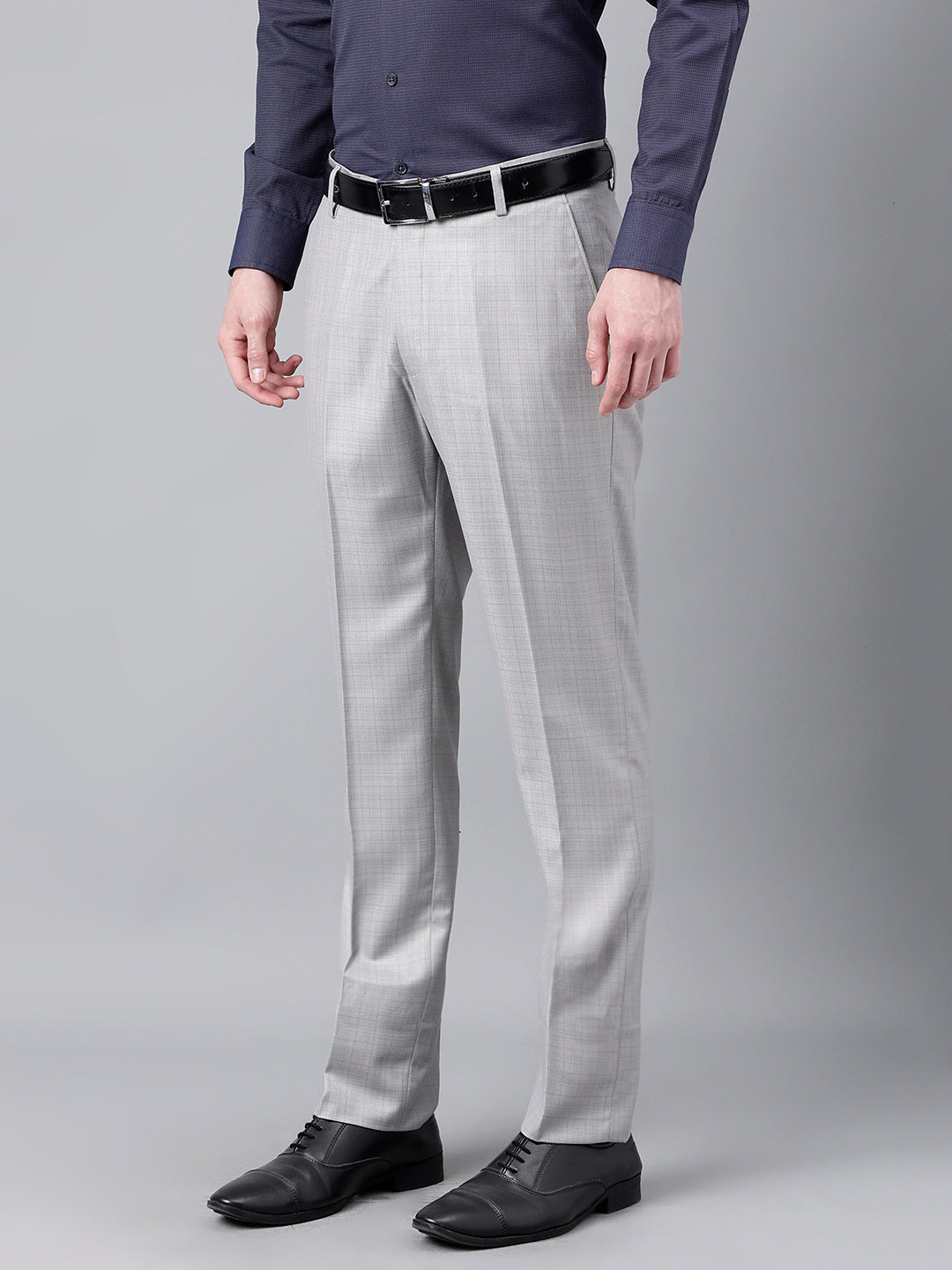 Men Light Grey Standard Fit Mid Rise Checked Formal Trouser