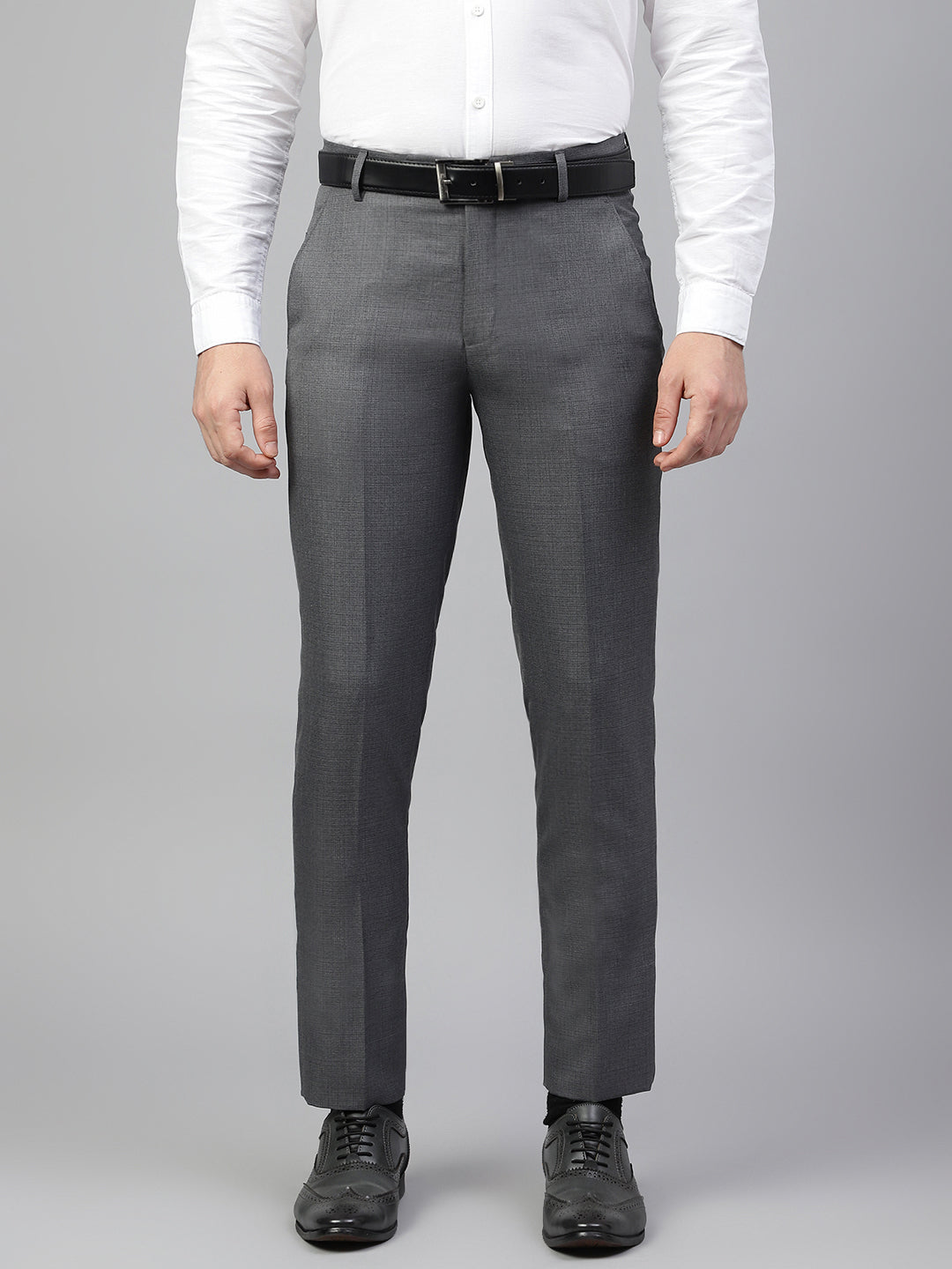 Men Dark Grey Regular Fit Solid Mid Rise Formal Trouser