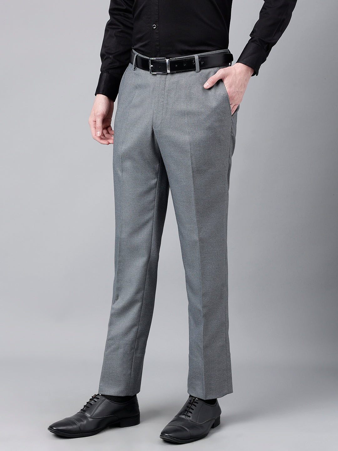 Men Grey Standard Fit Mid Rise Solid Formal Trouser