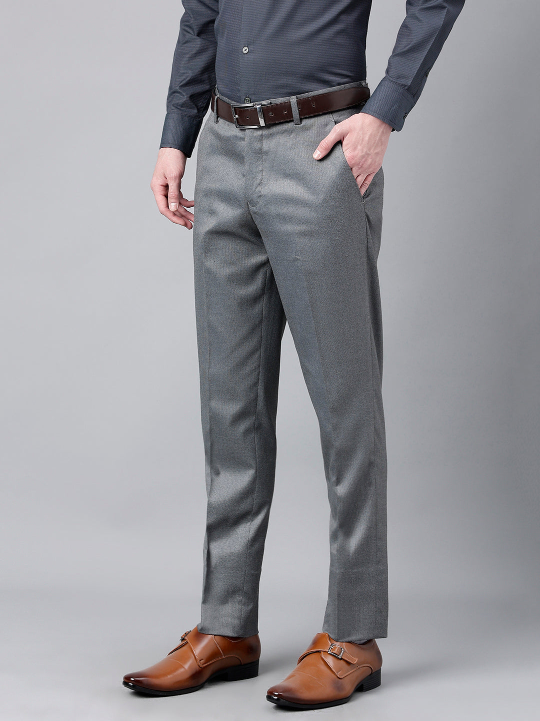 Men Grey Standard Fit Mid Rise Solid Formal Trouser