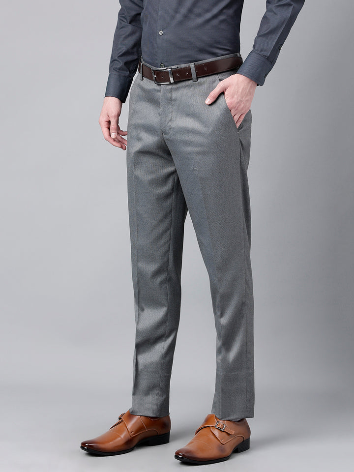 Men Grey Standard Fit Mid Rise Solid Formal Trouser