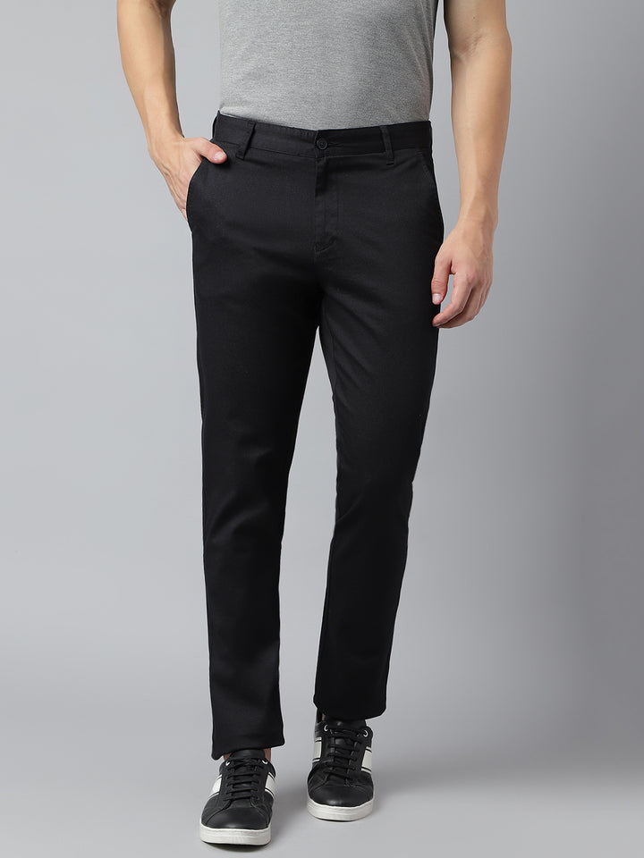 Men Black Slim Fit Mid Rise Solid Casual Trouser