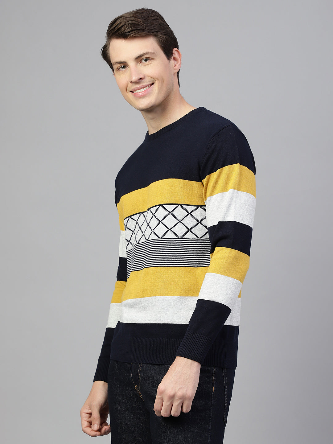 Men Navy Mustard Regular Fit Solid Crew Neck Casual Sweater