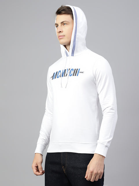 Men White Regular Fit Print Hoodie Casual Sweat Shirt