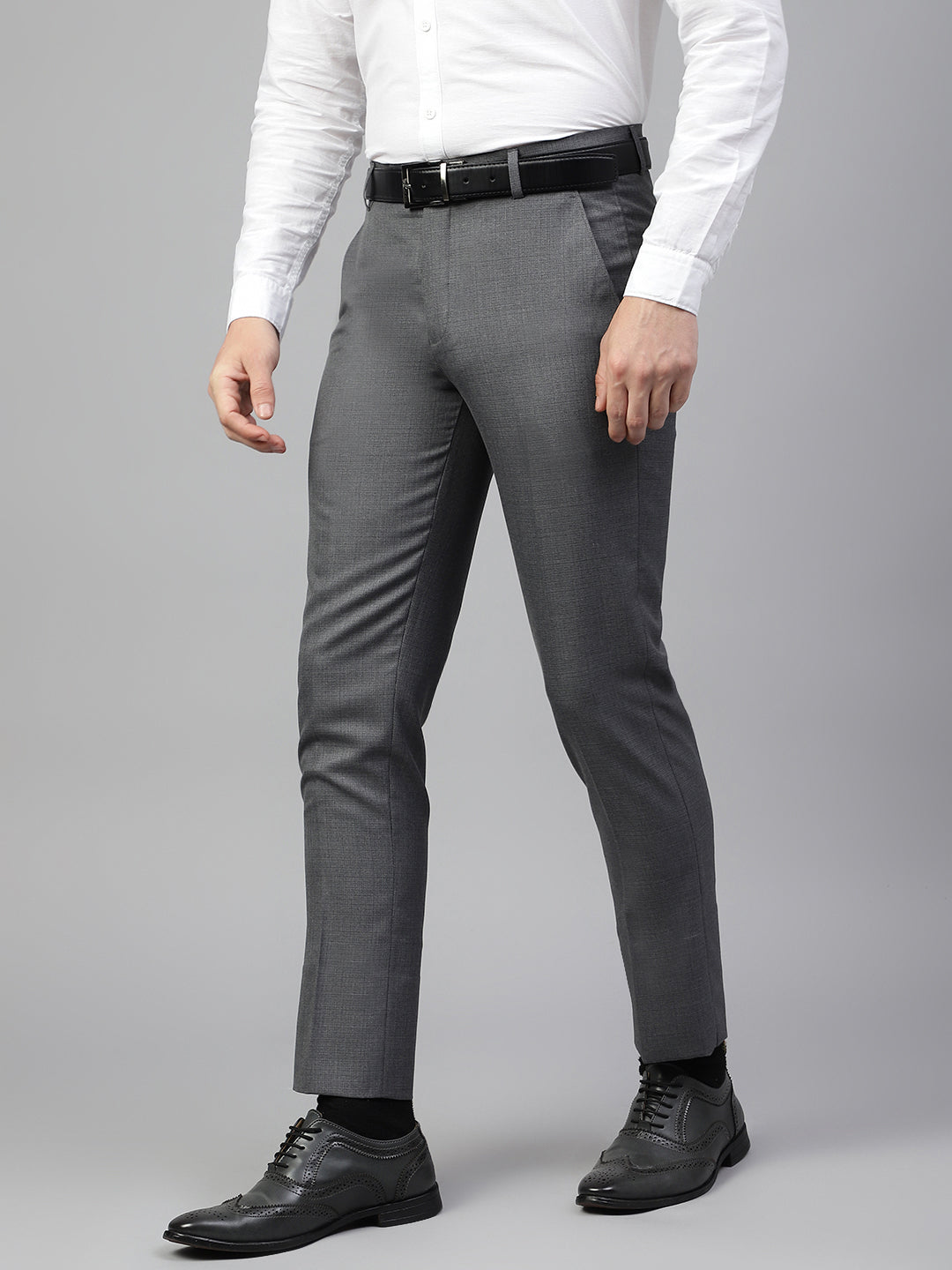 Men Dark Grey Regular Fit Solid Mid Rise Formal Trouser