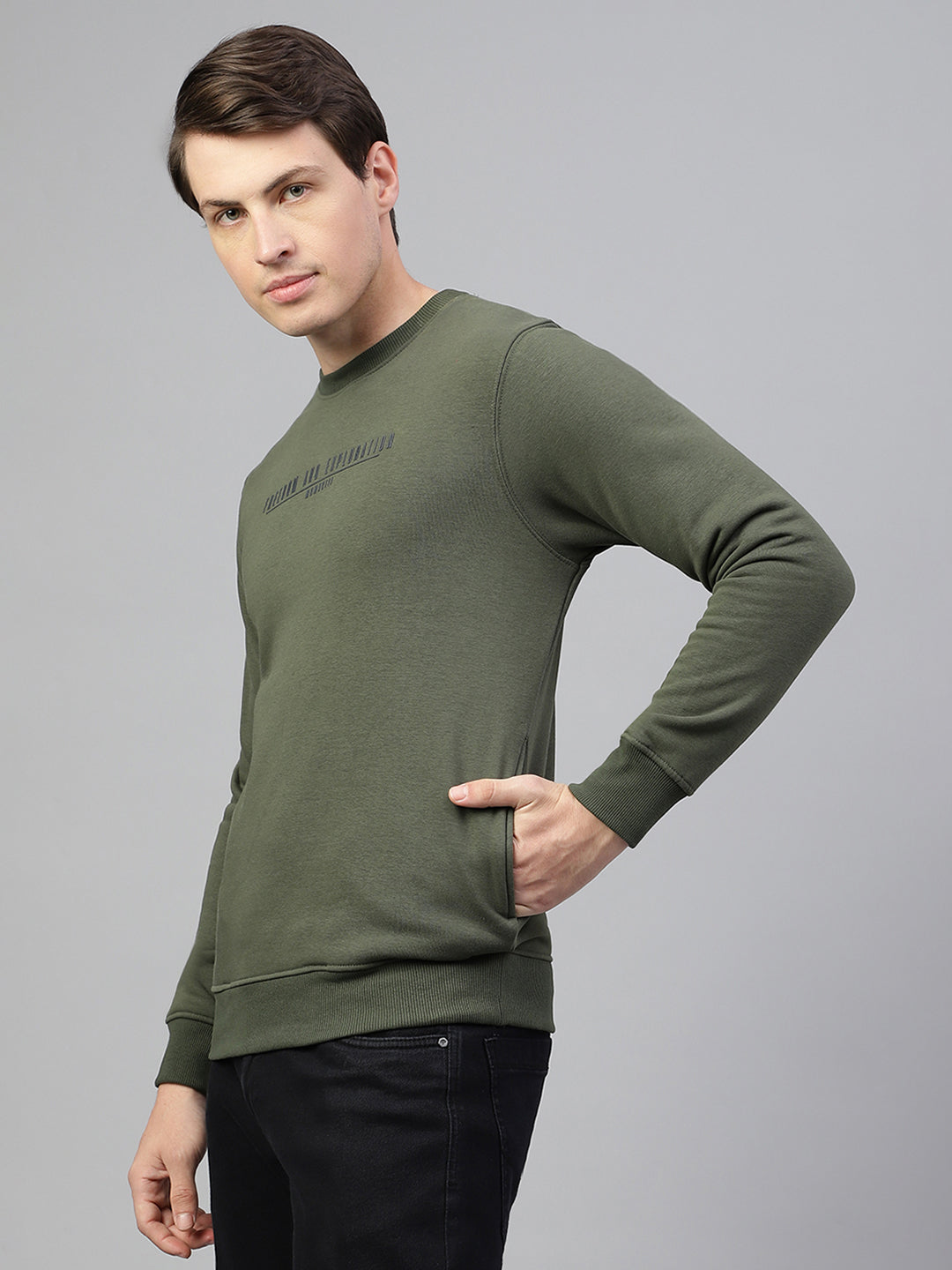 Men Olive Regular Fit Solid Crew Neck Casual Sweat Shirt