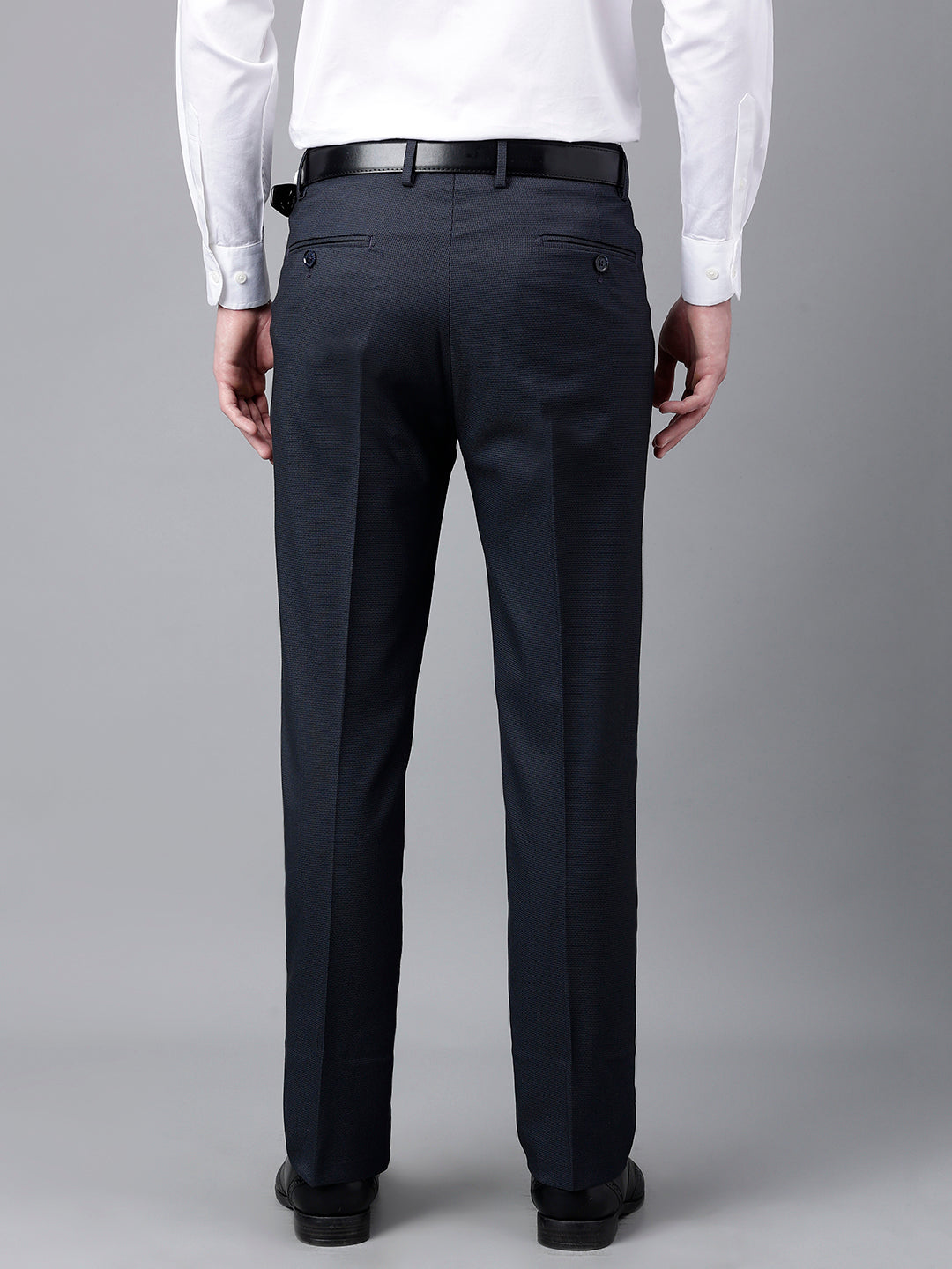 Men Navy Standard Fit Mid Rise Solid Formal Trouser