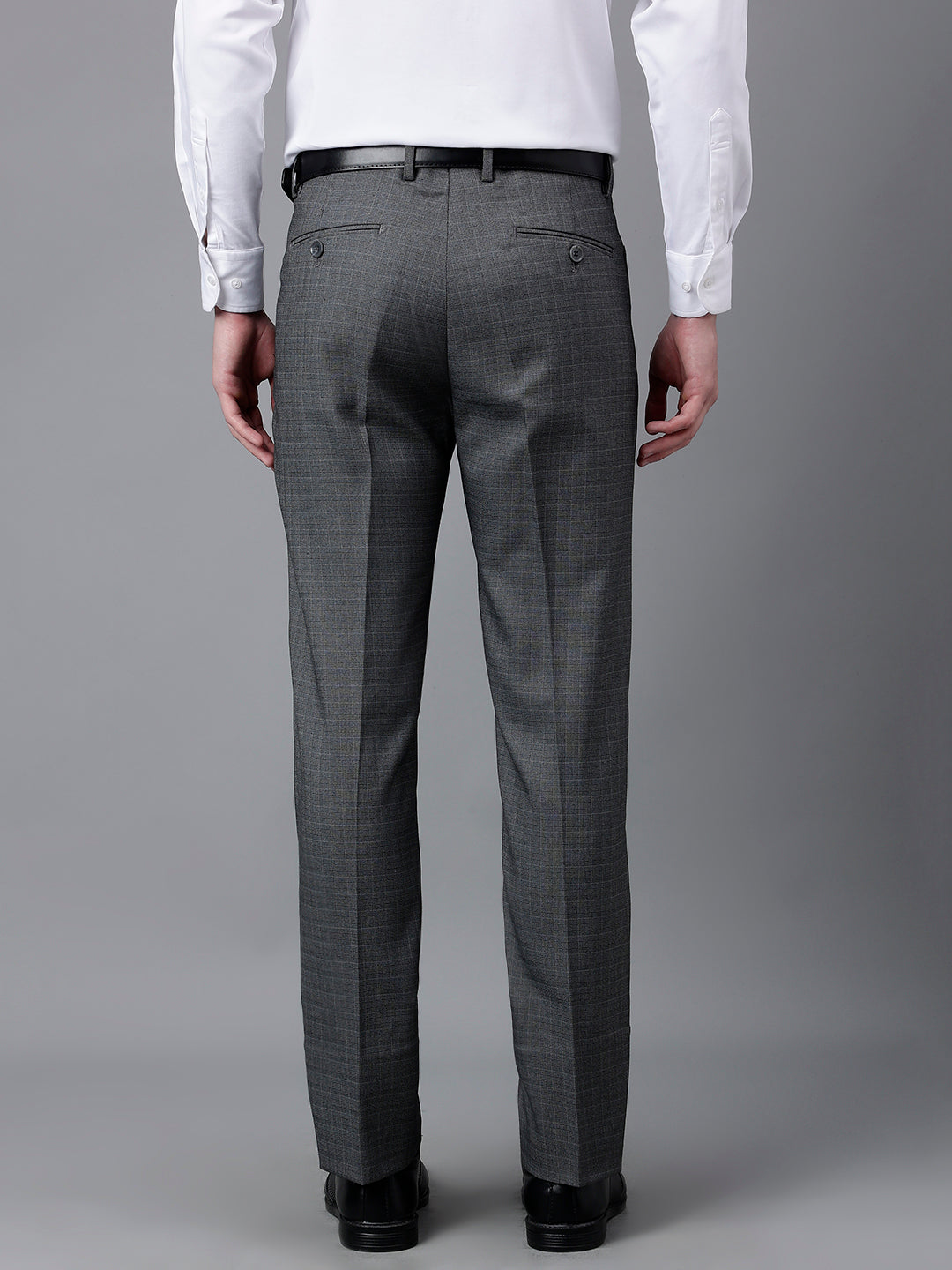 Men Dark Grey Standard Fit Mid Rise Checked Formal Trouser