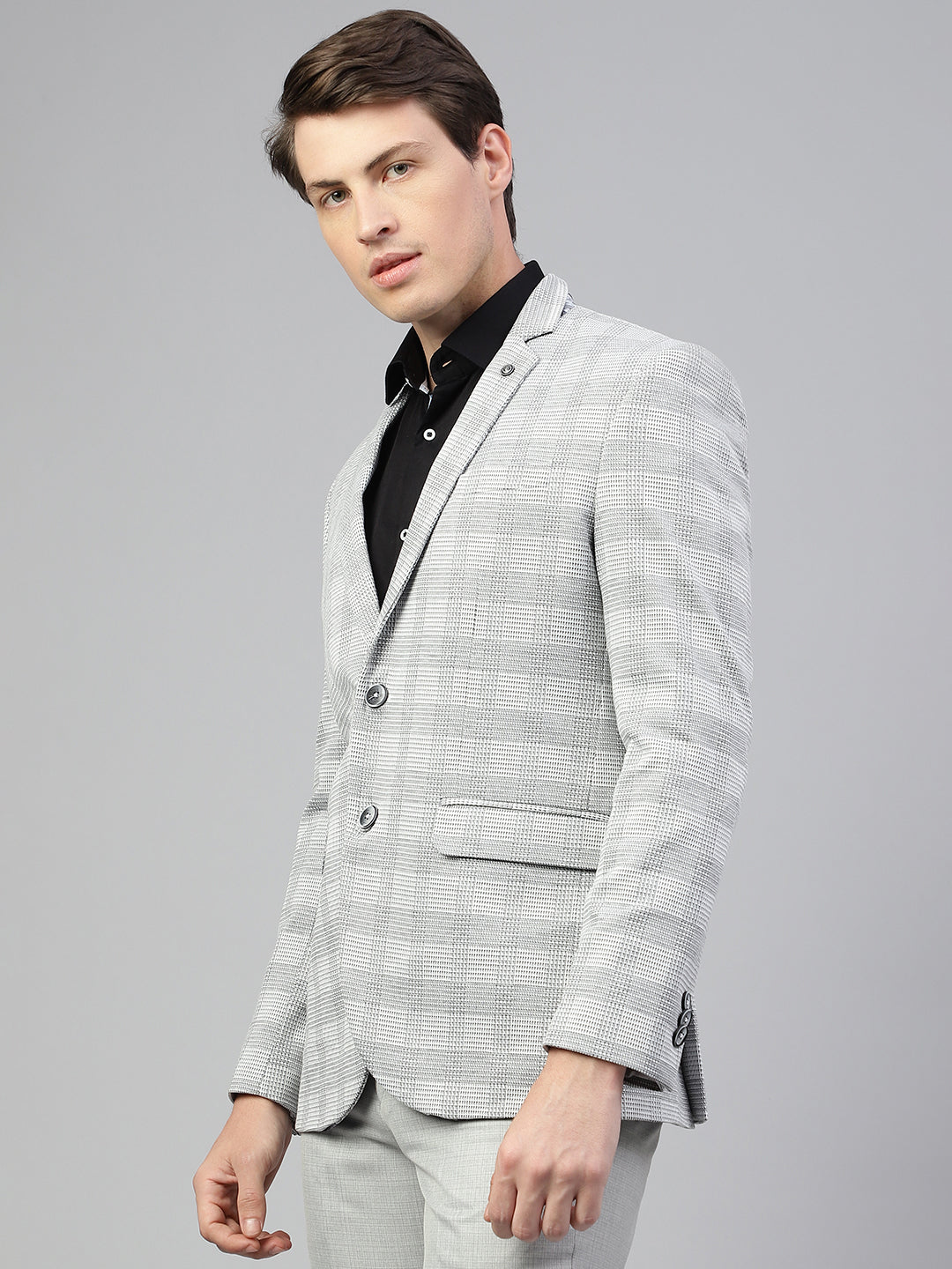 Men Grey Regular Fit Checkered Notched Lapel Casual Blazer