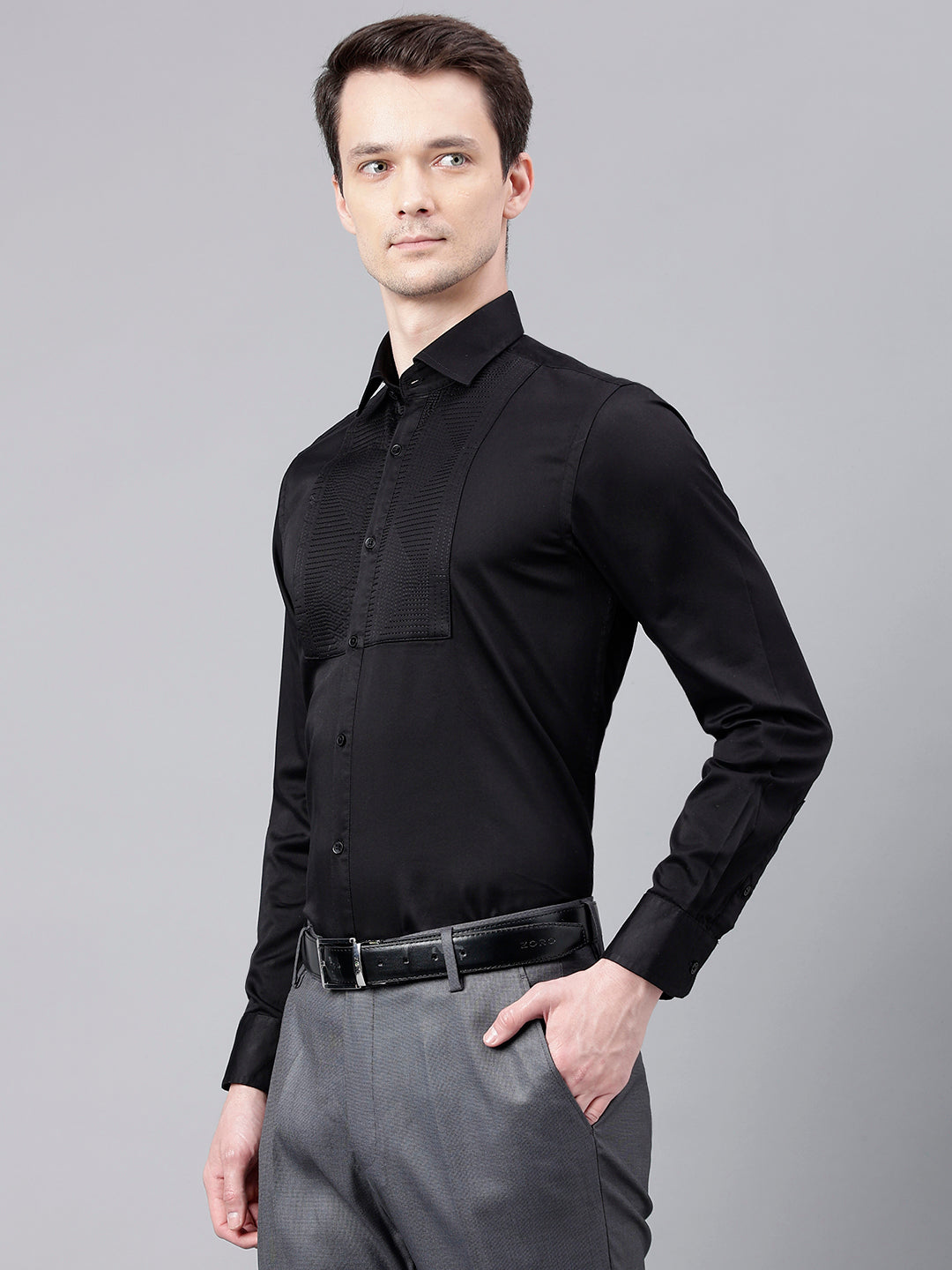 Men Black Standard Fit Self Design Club Wear Shirt