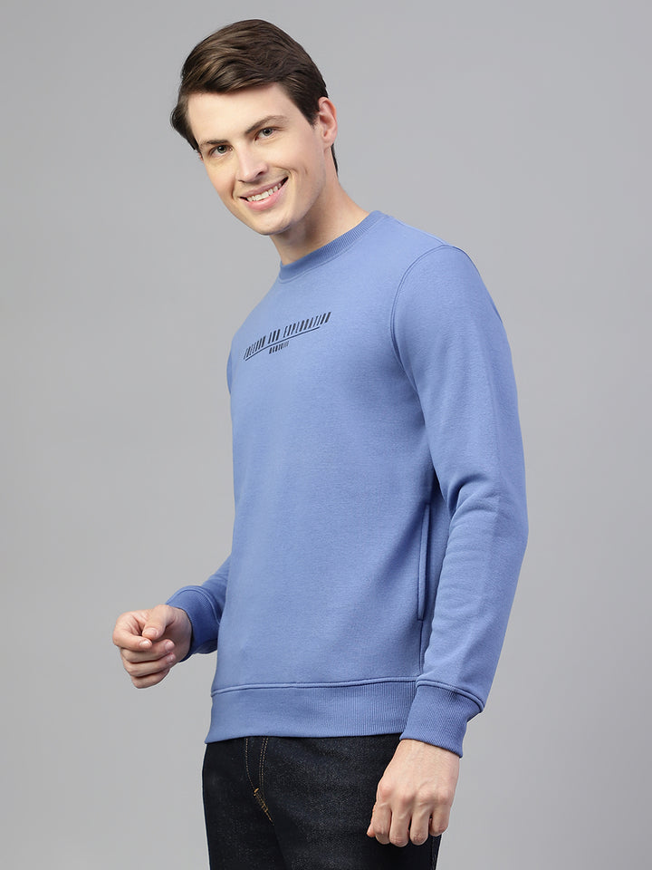 Men Chrome Blue Regular Fit Solid Crew Neck Casual Sweat Shirt