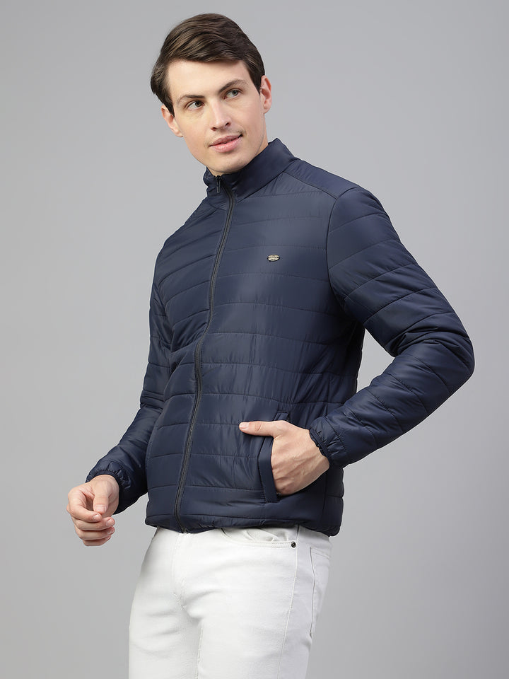 Men Navy Regular Fit Solid Stand Collar Casual Jacket