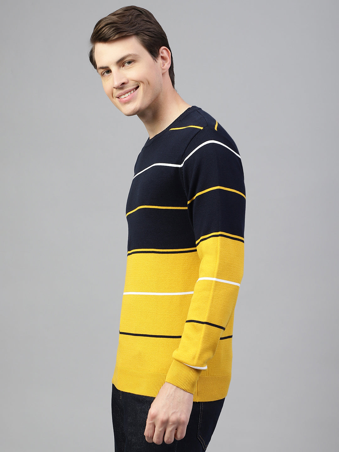 Men Navy Mustard Regular Fit Solid Crew Neck Casual Sweater