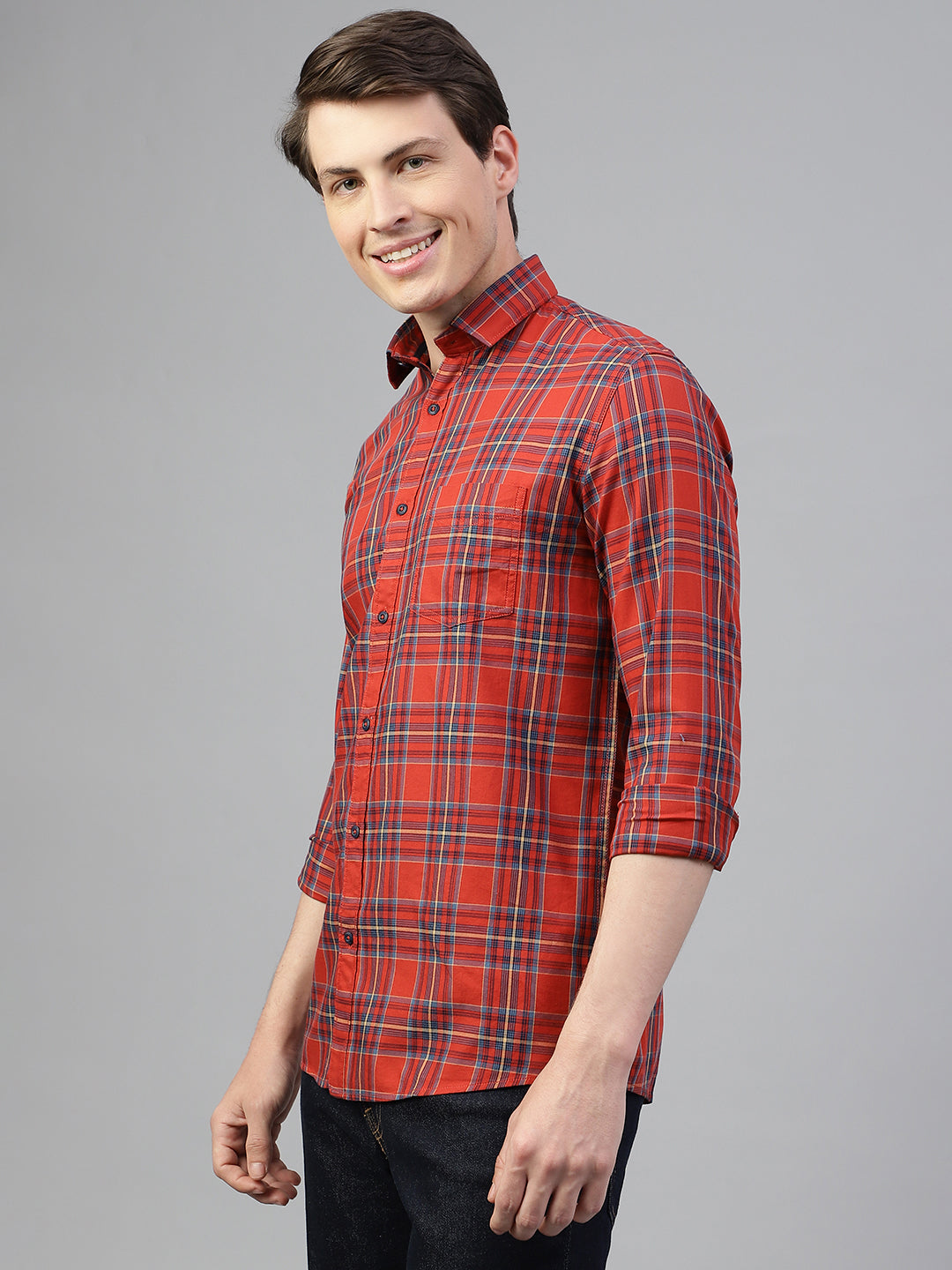 Men Rust Regular Fit Checkered Spread Collar Casual Shirt