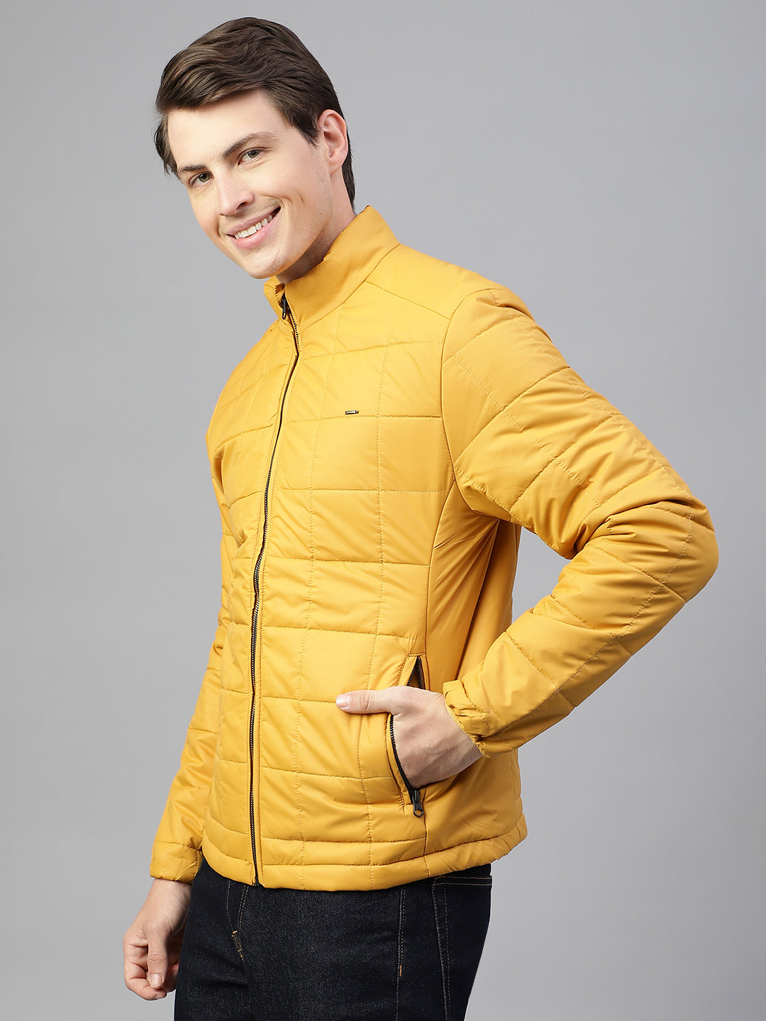 Men Ochre Regular Fit Solid Stand Collar Casual Jacket