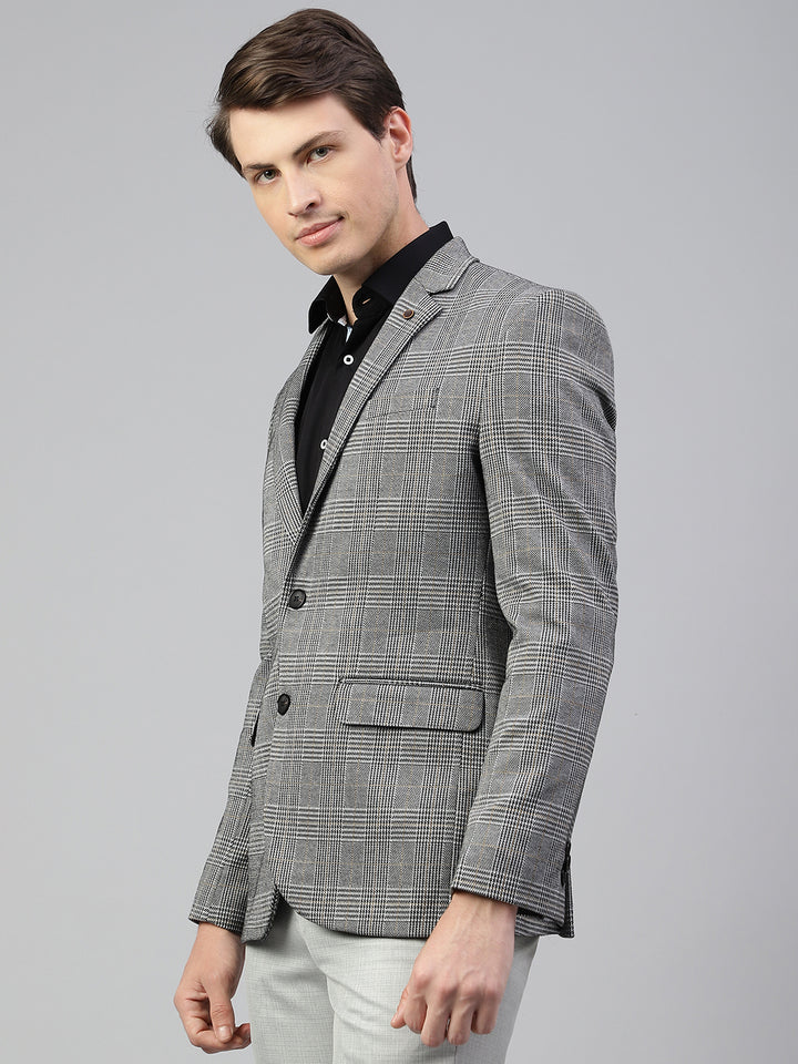 Men Grey Regular Fit Checkered Notched Lapel Casual Blazer