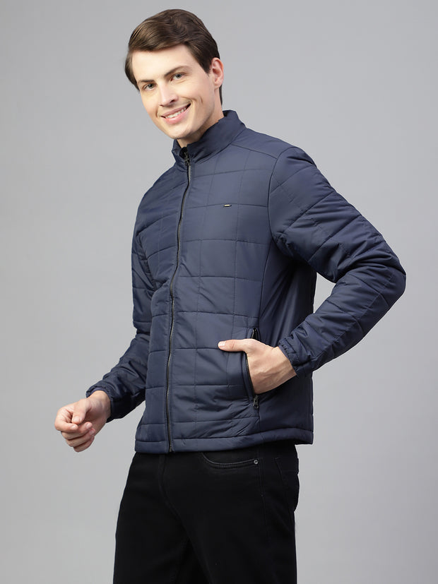 Men Navy Regular Fit Solid Stand Collar Casual Jacket