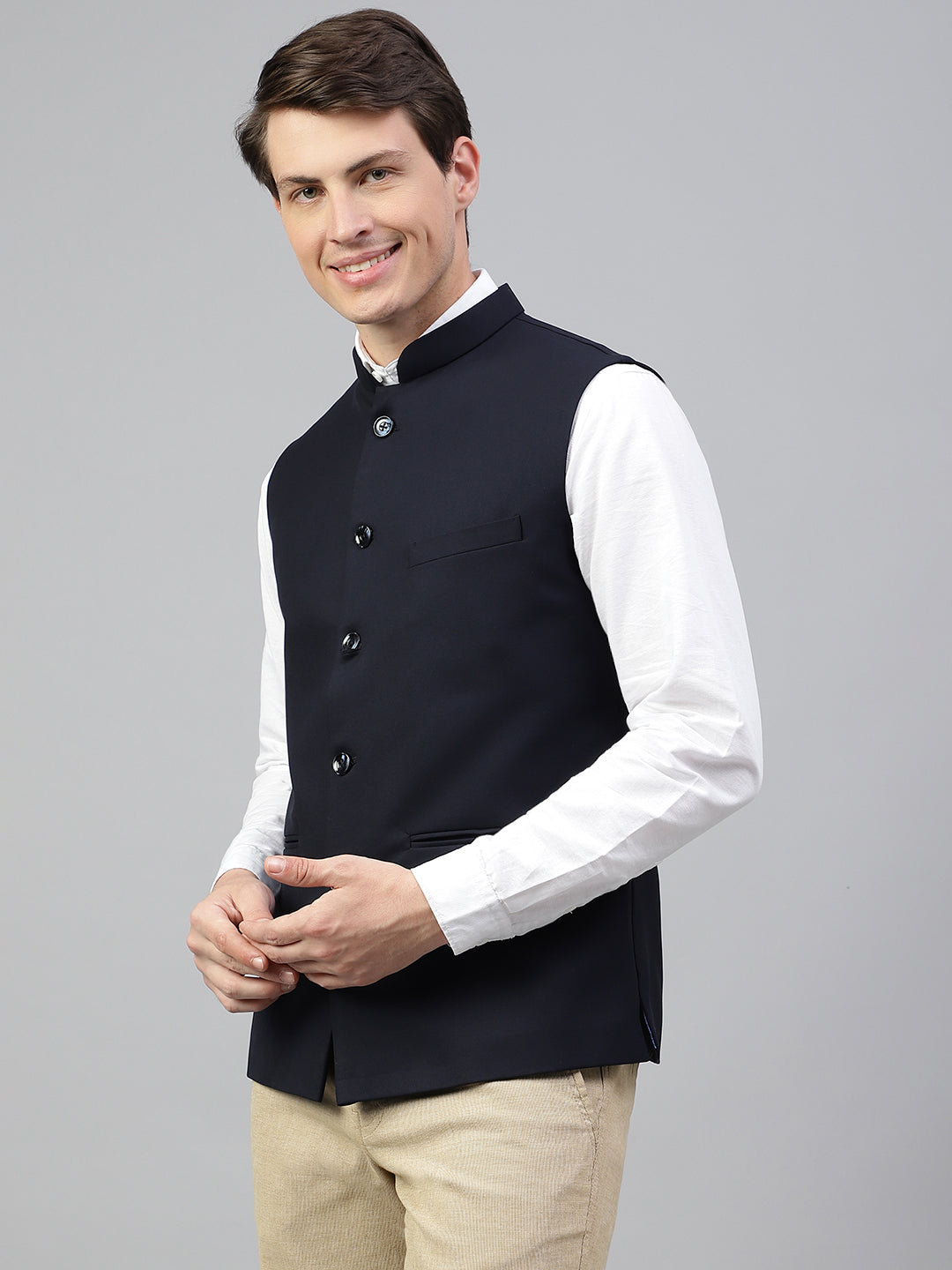 Men Navy Regular Fit Solid Stand Collar Formal Waist Coat