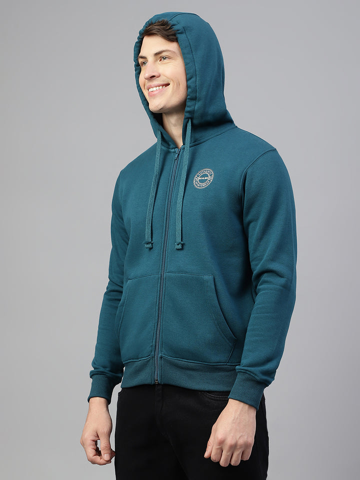 Men Teal Regular Fit Solid Hoodie Casual Sweat Shirt