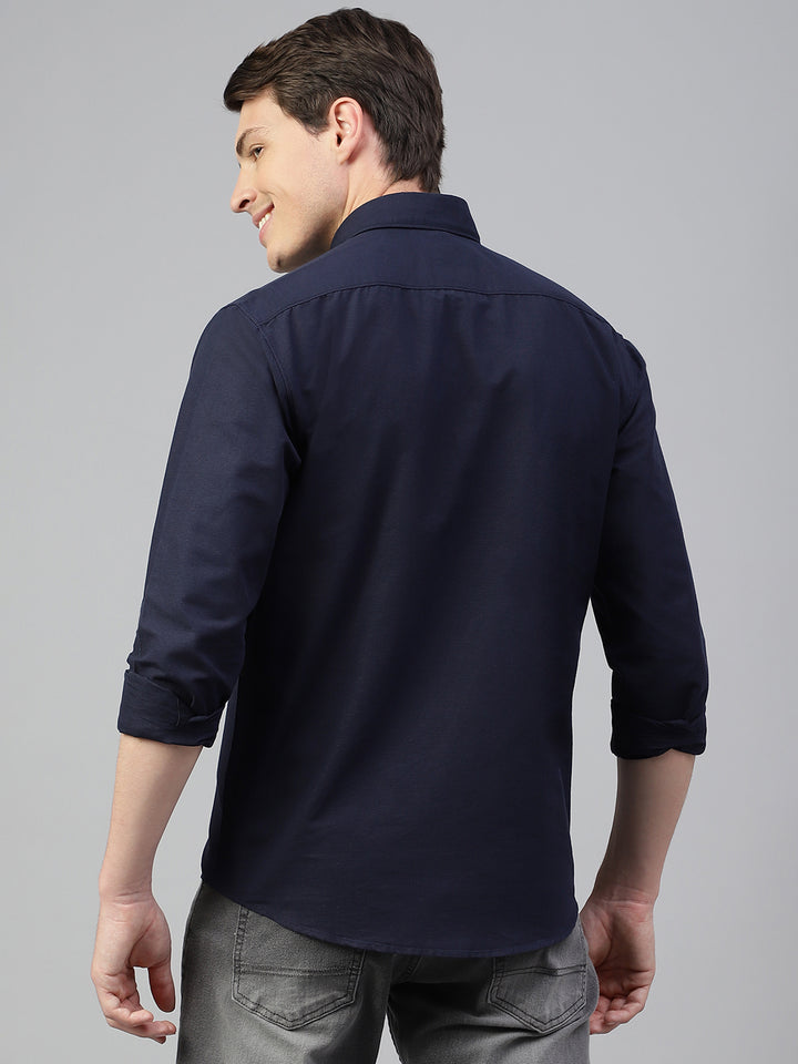 Men Navy Regular Fit Solid Spread Collar Casual Shirt