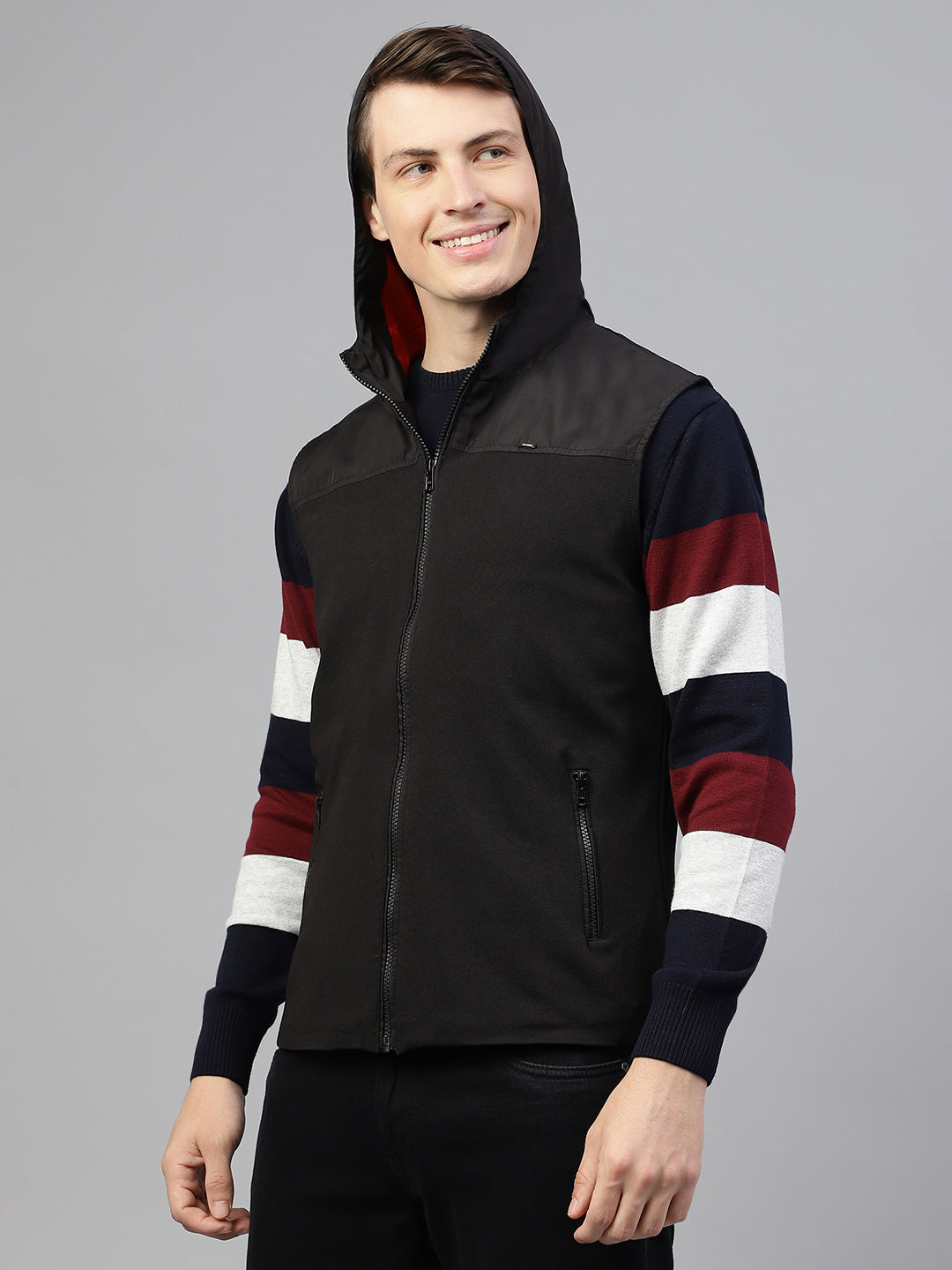 Men Black Regular Fit Solid Hoodie Casual Jacket