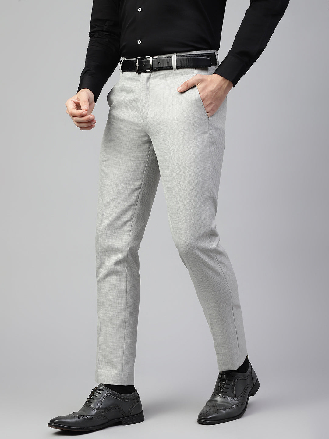 Men Light Grey Regular Fit Solid Mid Rise Formal Trouser