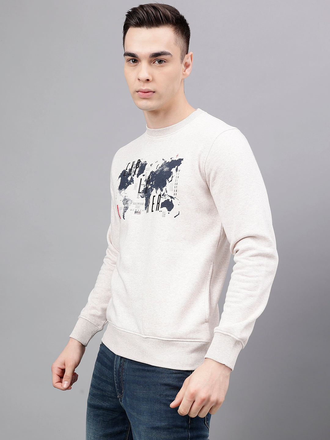 Men Oatmeal Standard Fit Printed Sweat Shirt