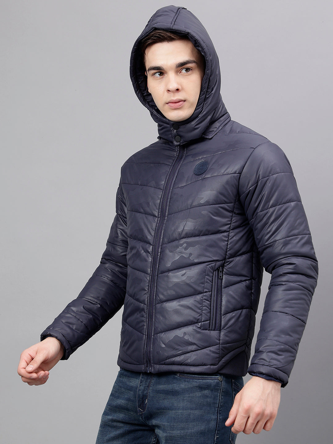 Men Navy Standard Fit Solid Hoodie Jacket