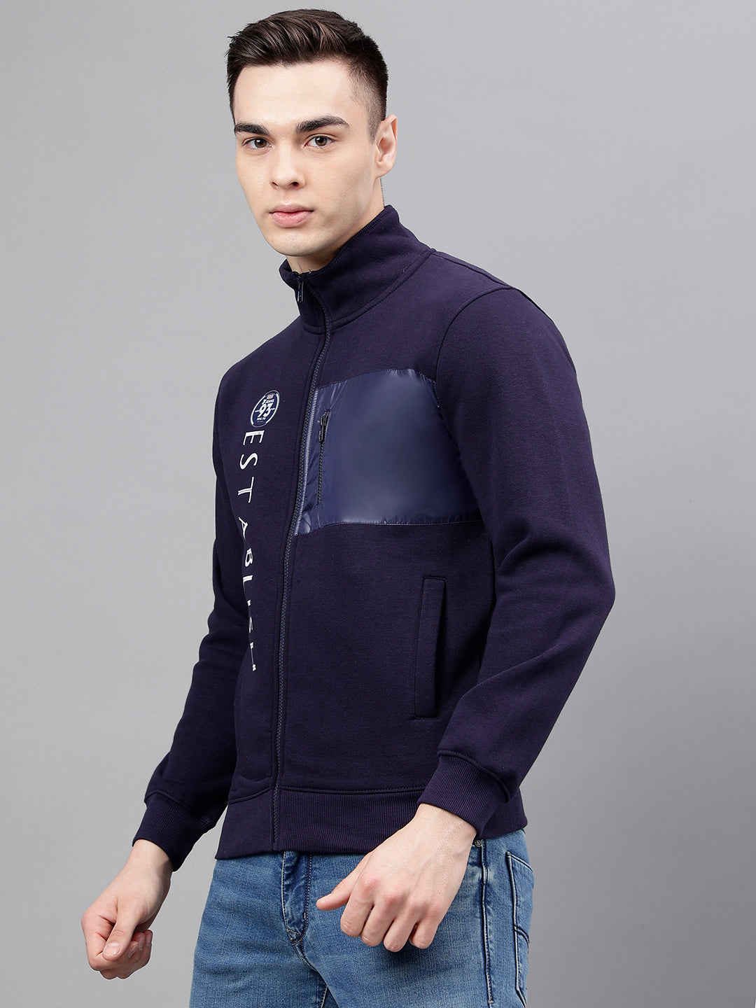 Men Navy Standard Fit Printed Sweat Shirt