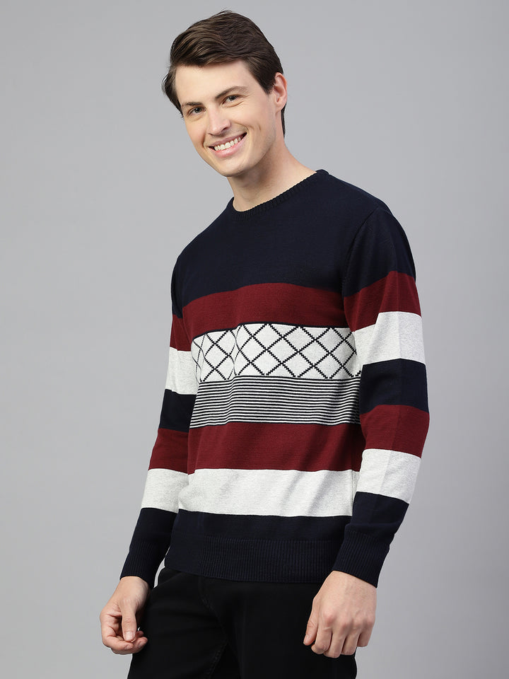 Men Navy Wine Regular Fit Solid Crew Neck Casual Sweater