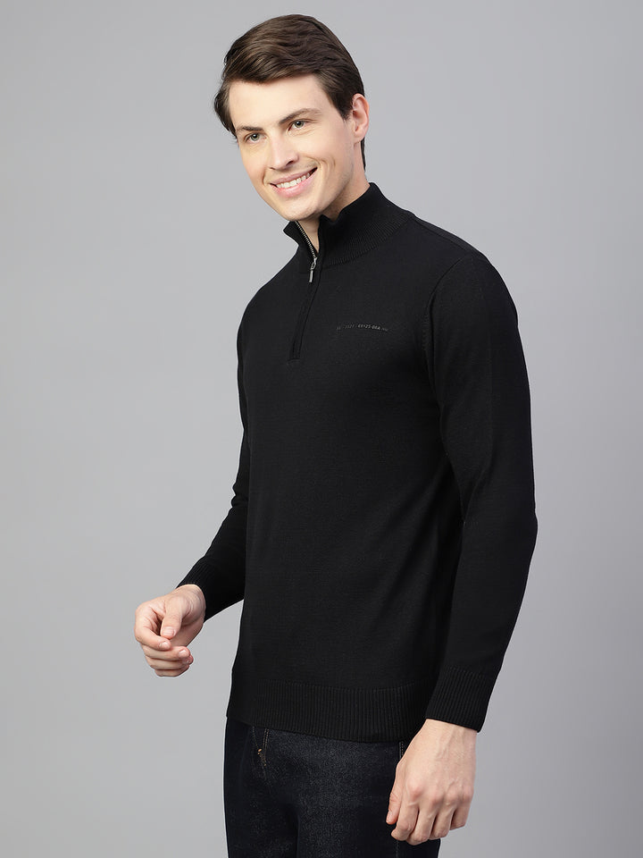 Men Black Regular Fit Solid Crew Neck Casual Sweater