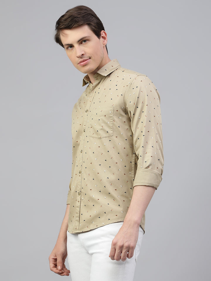 Men Khaki Regular Fit Print Spread Collar Casual Shirt