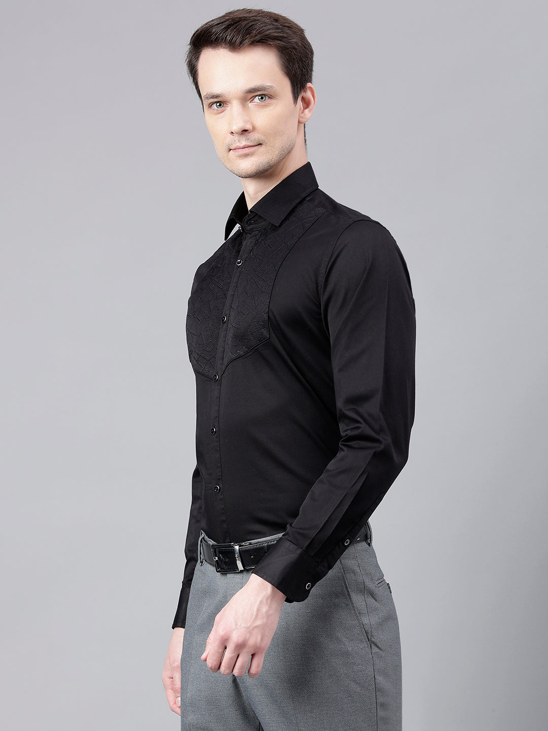 Men Black Standard Fit Self Design Club Wear Shirt