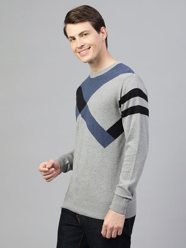 Men Grey Regular Fit Solid Crew Neck Casual Sweater