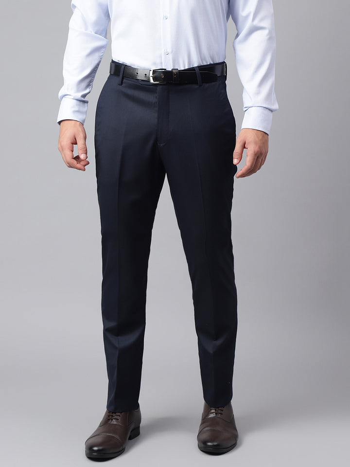 Men Navy Smart Fit Mid Rise Formal Trouser