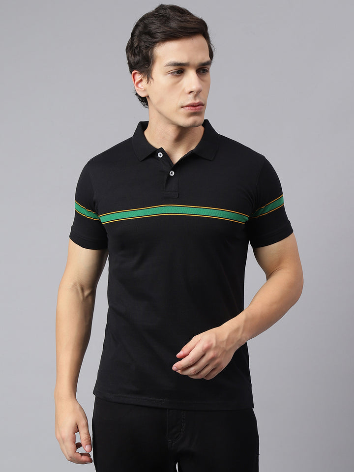 Men Black Regular Fit Striped Crew Neck Casual T-Shirt