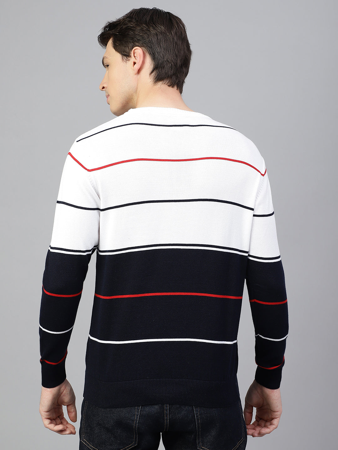 Men Navy White Regular Fit Solid Crew Neck Casual Sweater