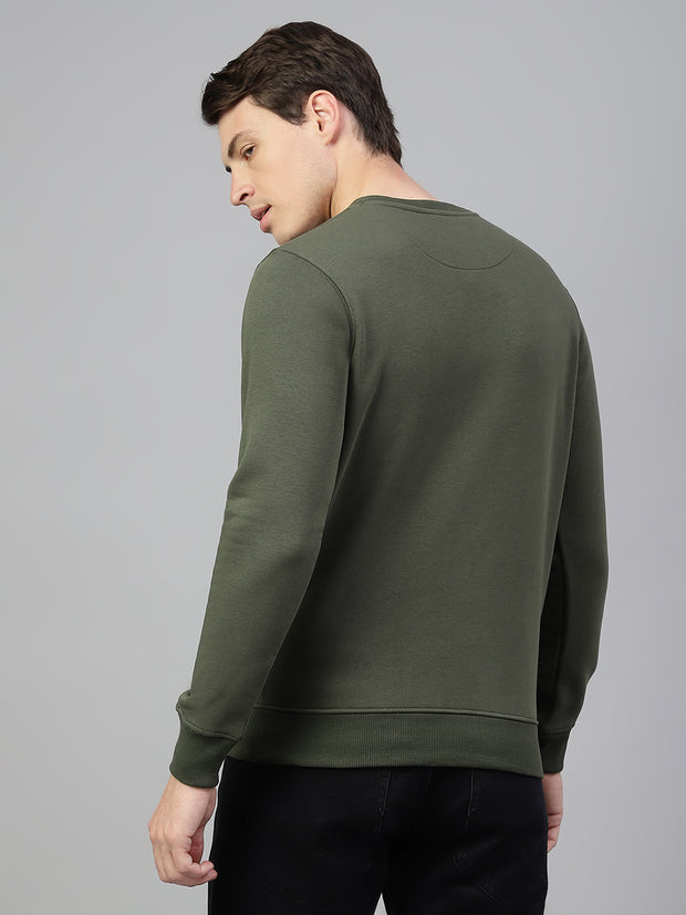 Men Olive Regular Fit Solid Crew Neck Casual Sweat Shirt