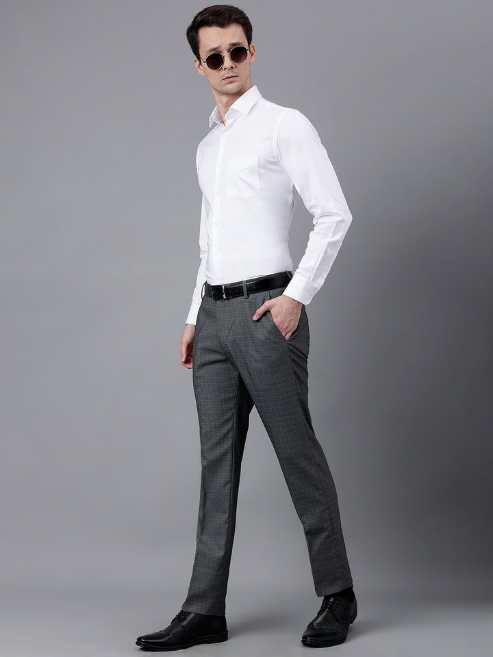 Men Dark Grey Standard Fit Mid Rise Checked Formal Trouser