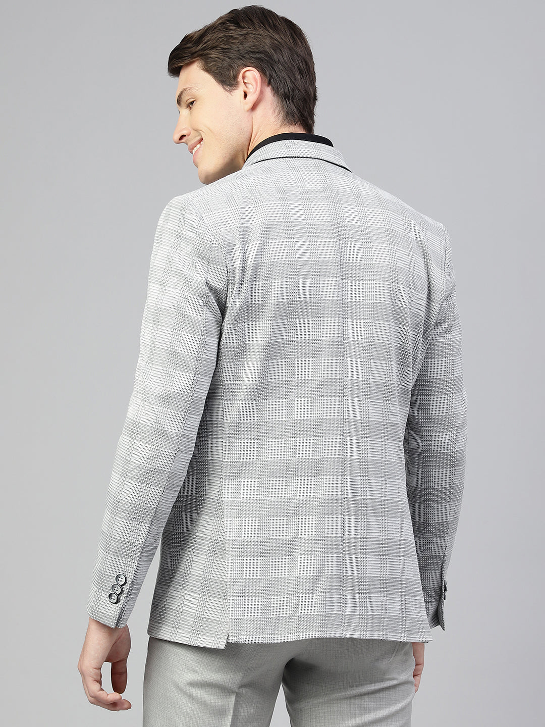 Men Grey Regular Fit Checkered Notched Lapel Casual Blazer