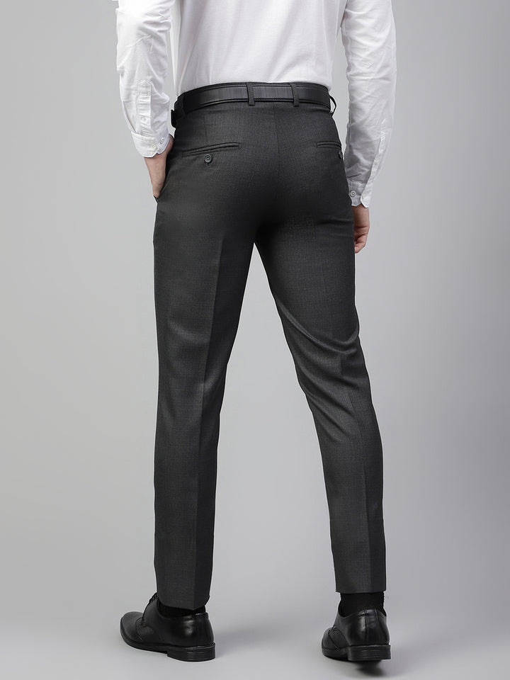 Men Charcoal Grey Regular Fit Solid Mid Rise Formal Trouser