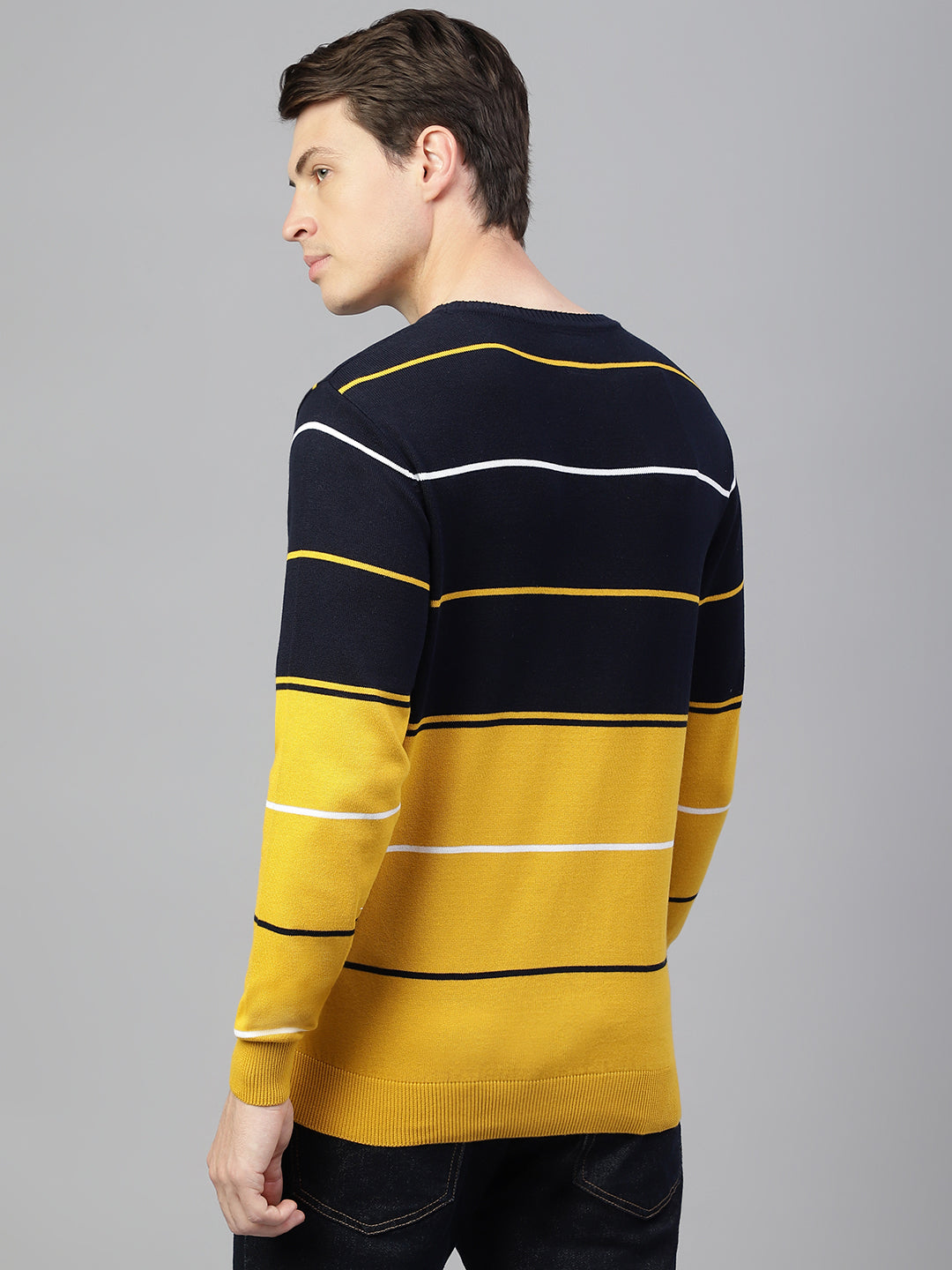 Men Navy Mustard Regular Fit Solid Crew Neck Casual Sweater