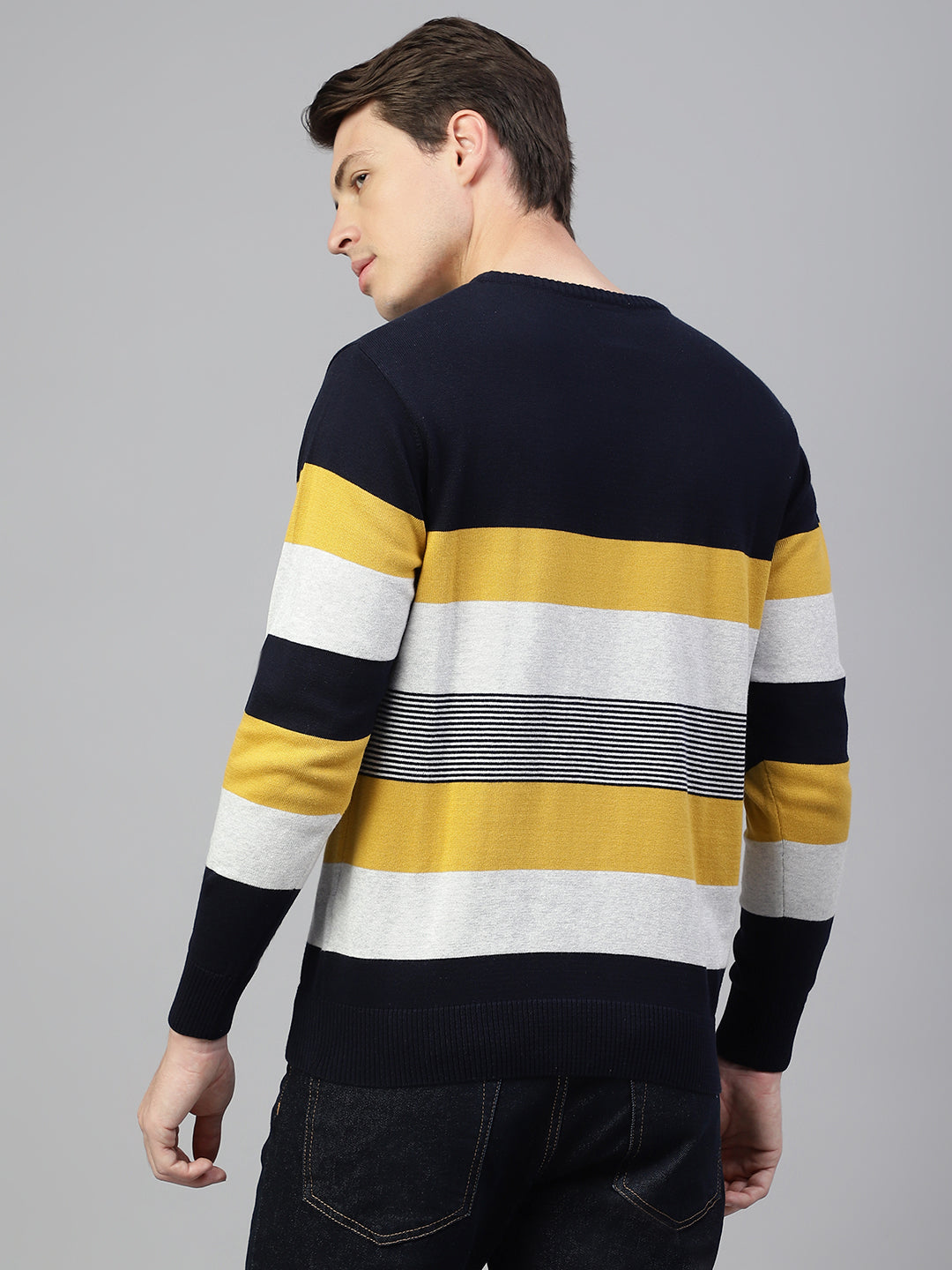 Men Navy Mustard Regular Fit Solid Crew Neck Casual Sweater