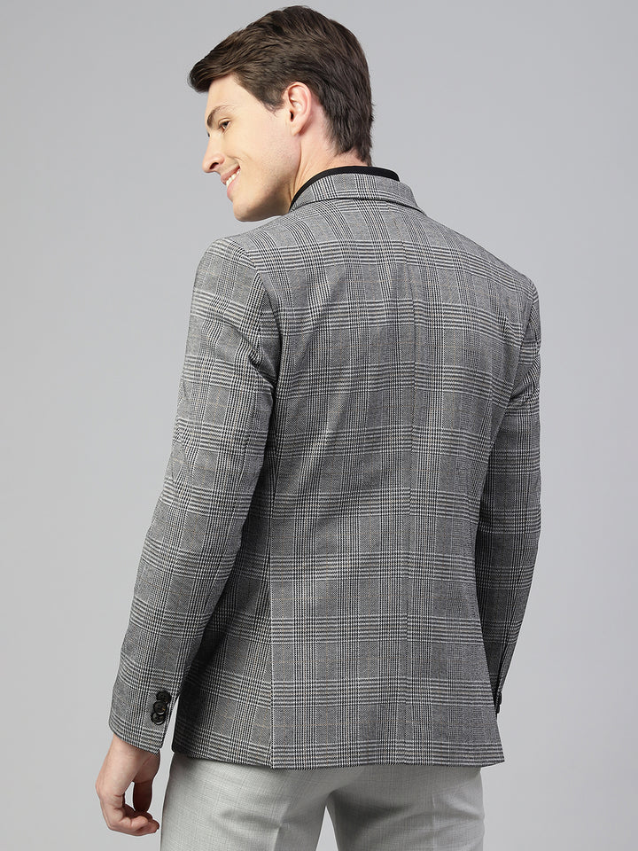 Men Grey Regular Fit Checkered Notched Lapel Casual Blazer