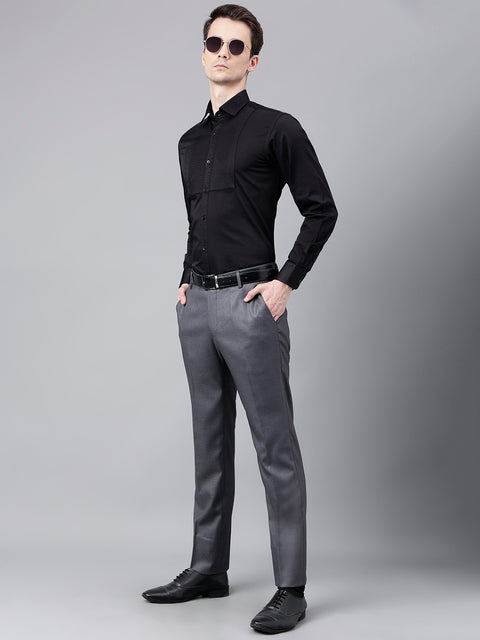 Men Charcoal Standard Fit Mid Rise Solid Formal Trouser