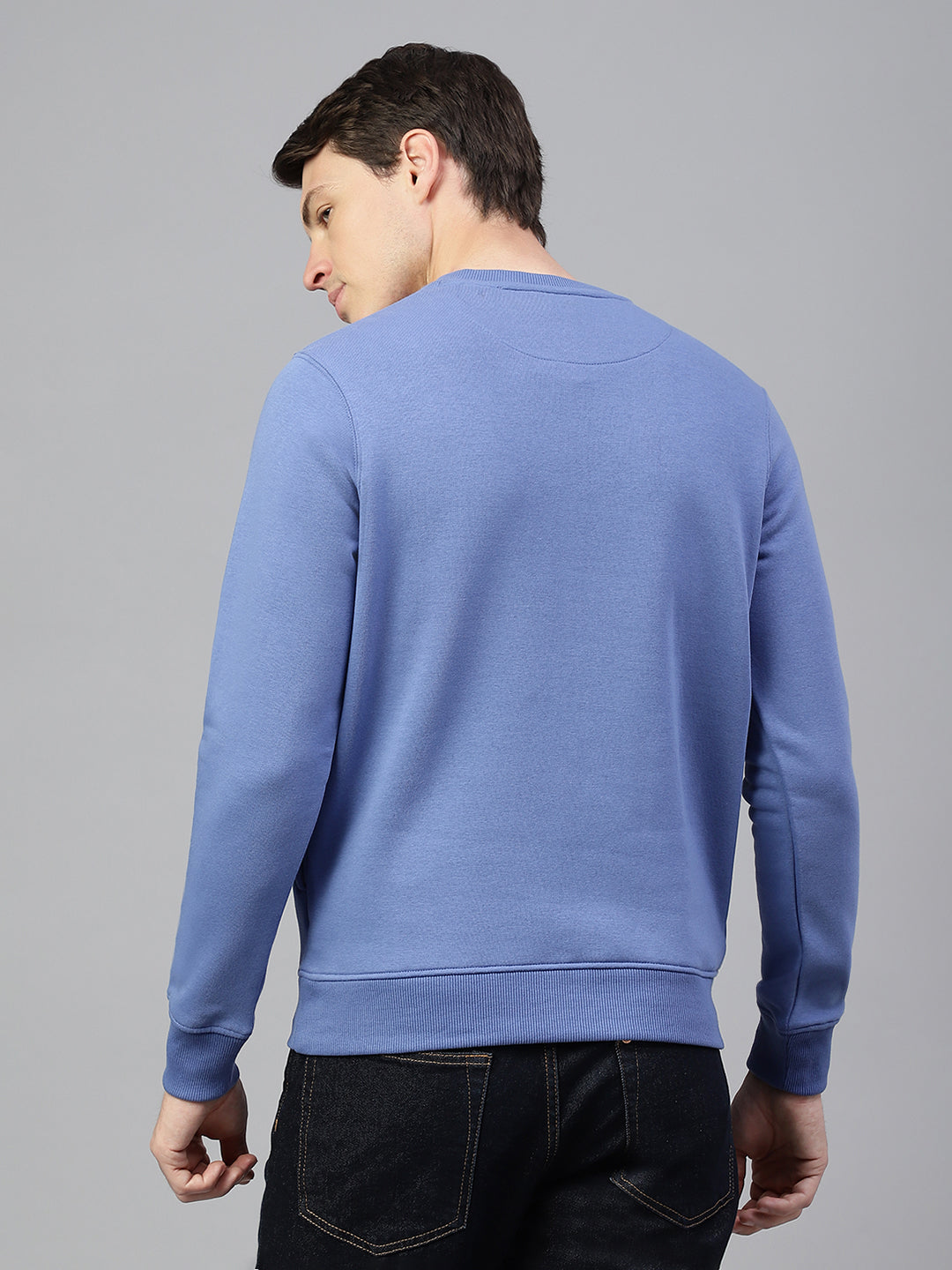 Men Chrome Blue Regular Fit Solid Crew Neck Casual Sweat Shirt