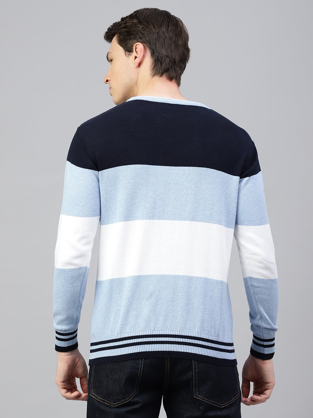 Men Navy Sky Regular Fit Solid Crew Neck Casual Sweater