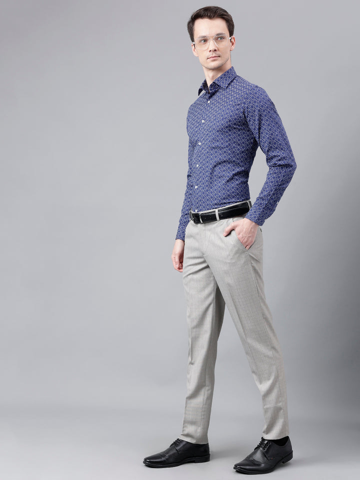 Men Light Grey Standard Fit Mid Rise Checked Formal Trouser